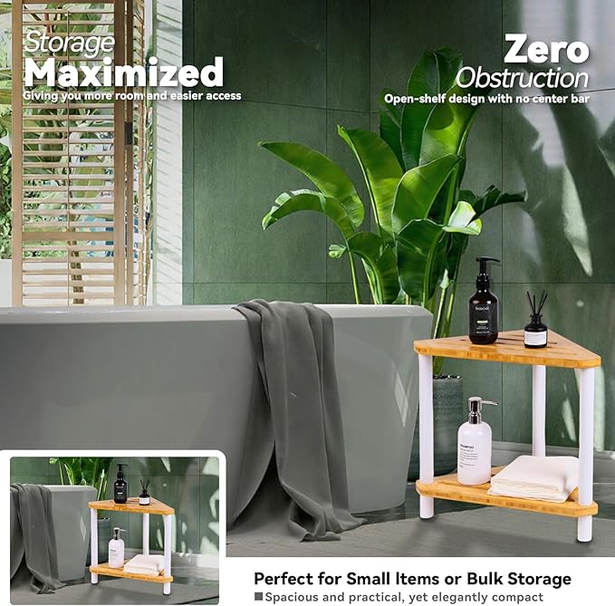 2-Tier Bamboo Corner Shower Caddy, Waterproof Bathroom Corner Storage Organizer with Anti-Slip Feet, Freestanding Corner Shower Shelf with Seat for Small Spaces,White