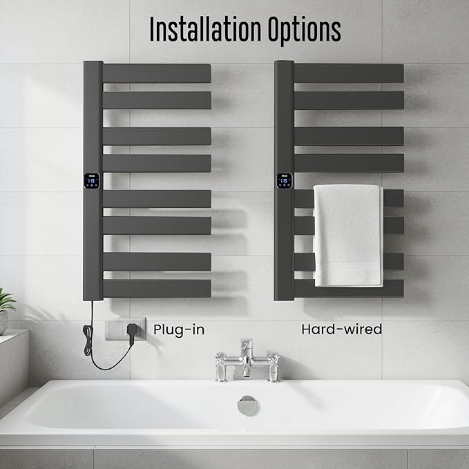 Towel Warmer, Heated Towel Rack with Built-in Timer and Temperature Control,Hard-Wired(Left-Wiring)/Plug-in Wall-Mounted Towel Rail, Aluminum，18.8" W X 34.64" H, Black