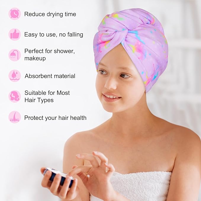 Basumee Microfiber Hair Towel Wrap for Kids 2 Pack Rapid Drying Hair Towel with Button Hair Turbans for Wet Hair Wraps Head Towel Wrap for Women and Girls, Dark Unicorn