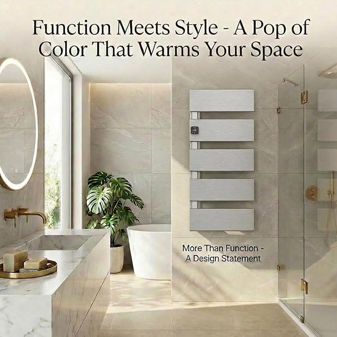 Electric Towel Warmer, Heated Towel Rack with Thermo Control and Timer, Fast Heating Towel Rail for Bathroom with Memroy Function, Work with Smart Plug, Left-Wiring, 5 Panel, Silver