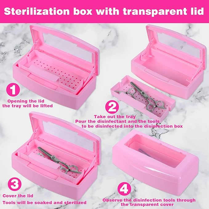 Plastic Sterilizing Tray-Sterilization Tray,Clean Sterilizer Box Storage Organizer for Nail,Tweezers,Hair Salon,Spa & Cutter Manicure Equipment-Clear Lid Pink