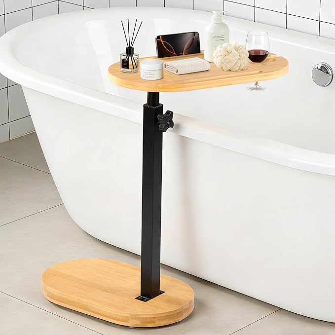 Bamboo Bathtub Side Table, 360° Swivel Height Adjustable Freestanding Bath Caddy Tray Organizer with 5 Storage, Luxury Home Spa Bathroom Essential (Natural)