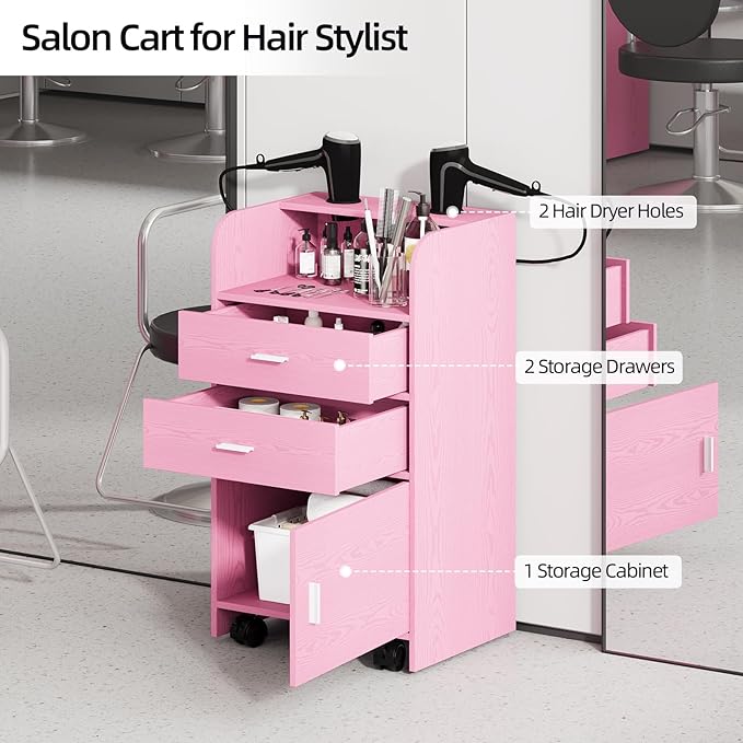 4ever2buy Salon Station for Hair Stylist, Pink Beauty Barber Station, Salon Trolley Cart with Wheels, Mobile Organizer for Salon, Spa, Barbershop, Nail & Beauty Tools, Pink