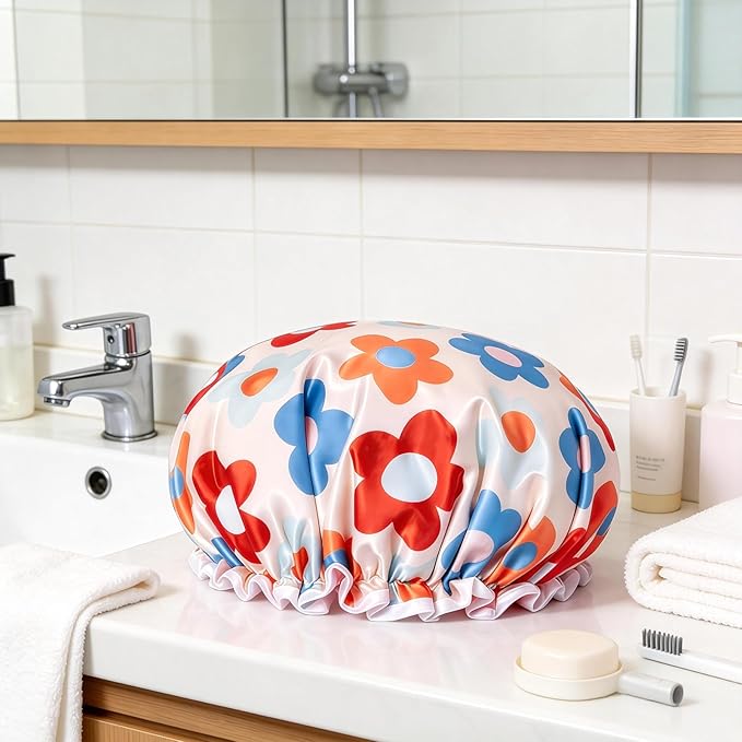 Aquior Large Shower Cap, Shower Cap for Women Reusable Waterproof, Bath Hair Cap for All Hair Lengths,for Ladies, Men and Kids (Flower)