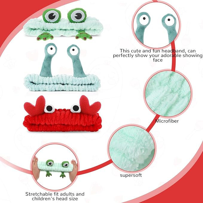 WLLHYF 3 Pack Spa Headband Face Wash Hairband Facial Makeup Head Wraps Cartoon Elastic Head Band Cute Frog Snail Crab Shower Headband Creative Hair Accessories for Beauty Skincare Sports