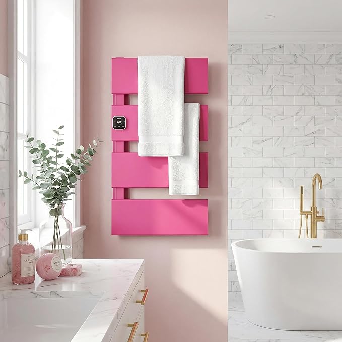 Electric Towel Warmer, Heated Towel Rack with Thermo Control and Timer, Fast Heating Towel Rail for Bathroom with Memroy Function, Work with Smart Plug, Left-Wiring, 4 Panel, Pink
