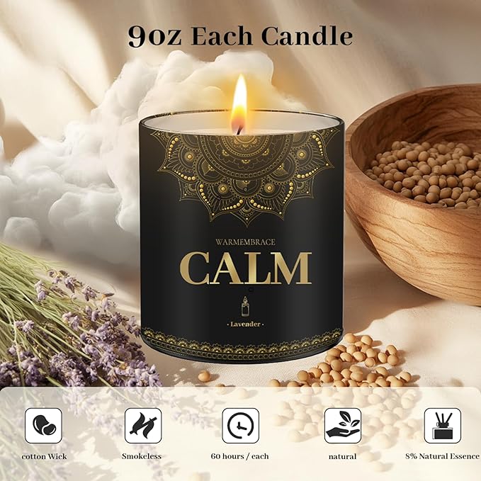 WarmEmbrace Scented Candles, 9 Oz Candle Sets for Home, Office, Meditation, Yoga, Candles for Women & Men, Birthday, Christmas, Valentine's Day Present, Lavender, Vanilla, Rose & Sandalwood, Lemon