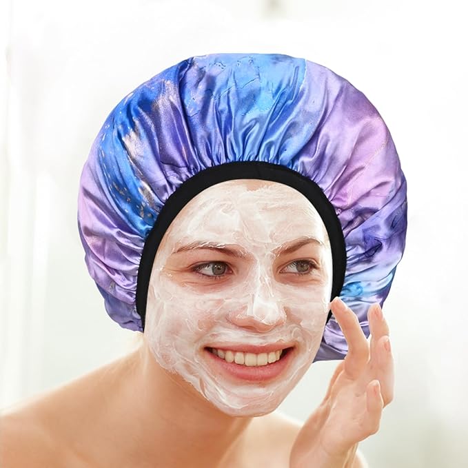 Purple Marble Print Satin Shower Cap, Three-Layer Terry Cloth Lined, with Silk Hair Ties, Microfiber Waterproof Reusable Large Size Shower Cap for Women Long Thick Hair