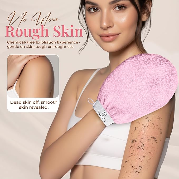 L'Exfose Kessa Hammam Deep Exfoliating Glove for Shower - Korean Exfoliating Mitt Body Scrubber Ideal for Dead Skin Remover, Keratosis Pilaris & Self-Tanning (Black & Pink)