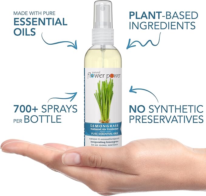 Natural Flower Power Air Freshener Spray - Odor Eliminator with Essential Oils for the Home, Car & Fabric - Cruelty Free & Vegan - Lemongrass - 2 x 4 oz