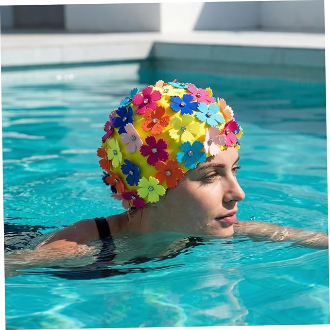 Toyvian Ladies Flower Swimming Cap, Simulation Floral Petal Swim Hat for Women, Rhinestone Bathing Hat for Pool Beach Spa