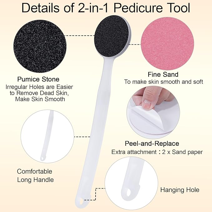 2Pcs Foot File Callus Remover 13.7" Long Handle, 2-in-1 Foot Scrubber with Coarse and Fine Sand Paper Pedicure Tool for Cracked Heels, Dry & Dead Skin, Soft Smooth Feet, Clear White