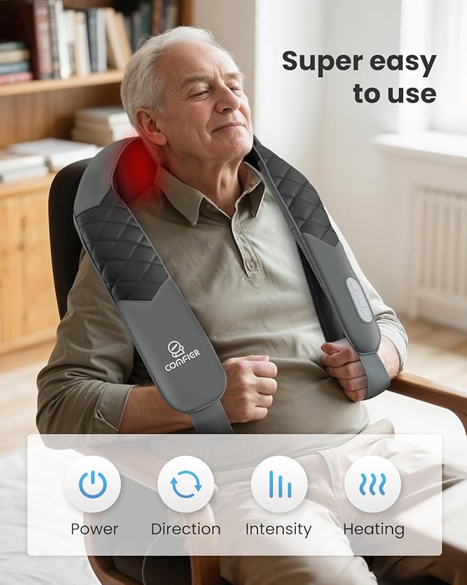 COMFIER Cordless Neck Massager with Heat, Back Massager for Pain Relief deep Tissue, 3D Shiatsu Neck Shoulder Massage with Carry Bag, White Elephant Gift for Adult