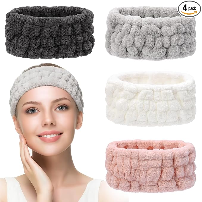 4 Pieces Spa Headband for Women Skincare Headband Makeup Headbands for Washing Face Spa Shower Gifts(Milky-White, Grey, Pink, Dark Grey)
