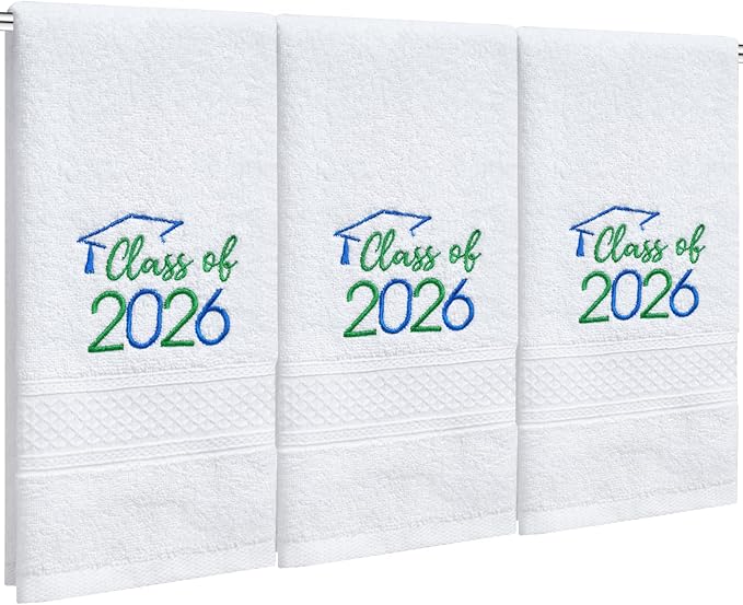 MASHAN Class of 2026 Graduation Hand Towels 3 Pack,100% Cotton Soft Absorbent Bathroom Towels,Senior 2026 Graduation Gift for Girls Boys,Blue Green Decorative Towels 14x30 Inch