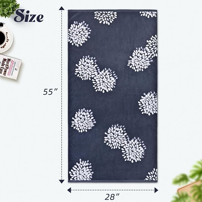 Cute Bath Towels Set of 2 (Denim Blue) - Large 55” x 28”, Decorative Hydrangea Floral Jacquard, Bathroom & Guest Room Decor, Cotton