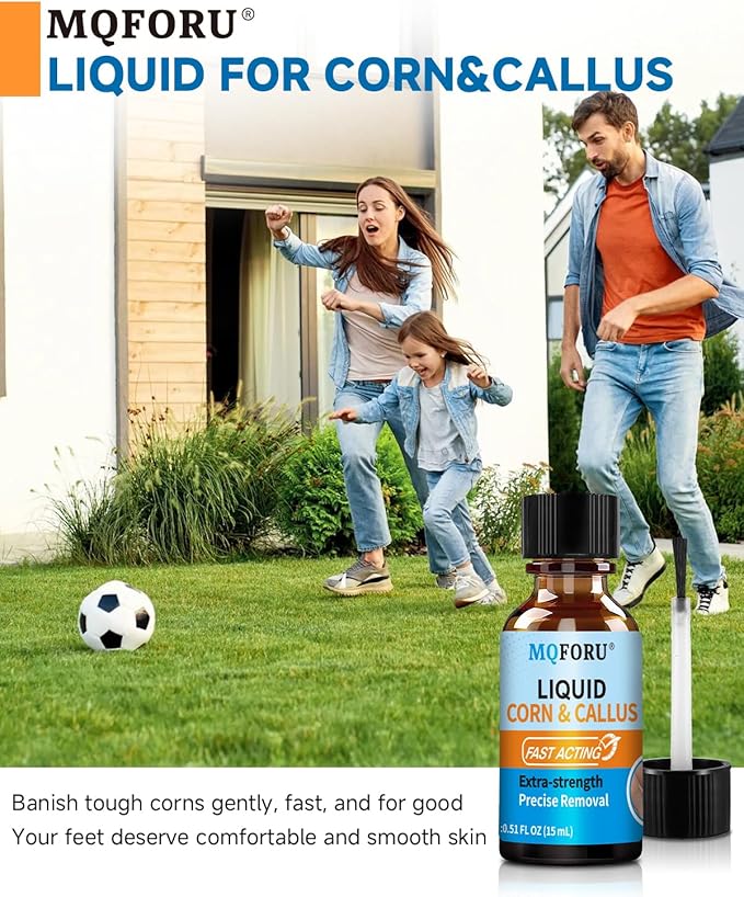 MQFORU Liquid Corn & Callus Removers for Toes & Feet, Extra Strength Corn Removal Fast Acting, 0.5 Fl oz + 15 Corn Cushions + 10 Swabs, Effective Foot Care Solution
