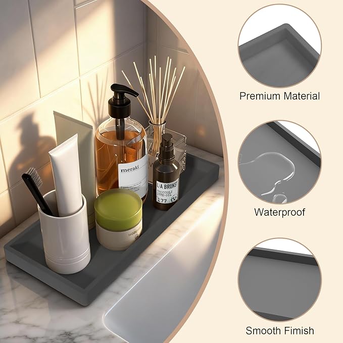 Bathroom Vanity Tray, Silicone 11.8 x 5 Inch Bathroom Counter Tray Decor, Extra-Large Bathroom Trays Holders and Organizers for Toilet Top, Dresser, Waterproof Decorative Tray, Grey