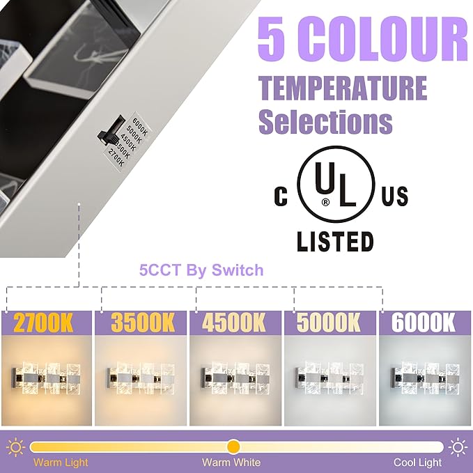 Modern LED Bathroom Light Fixtures Dimmable 3-Light Chrome Vanity Light, 5CCT Adjustable Lighting Fixture Vanity Lights Over Mirror, Smoked Acrylic LED Vanity Lights for Bathroom