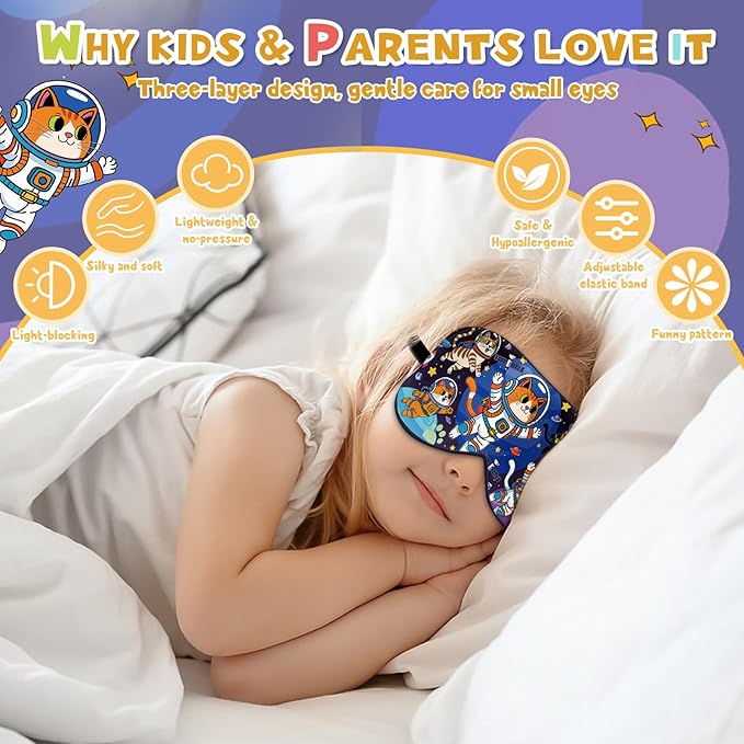 Silk Kids Sleep Mask: 100% Mulberry Silk Eye Mask, Sleeping Masks with Adjustable Strap, Soft & Light-Blocking Printed Kid Eye Cover for Boys Girls Teens Aged 5-15 (Space Cat Theme)