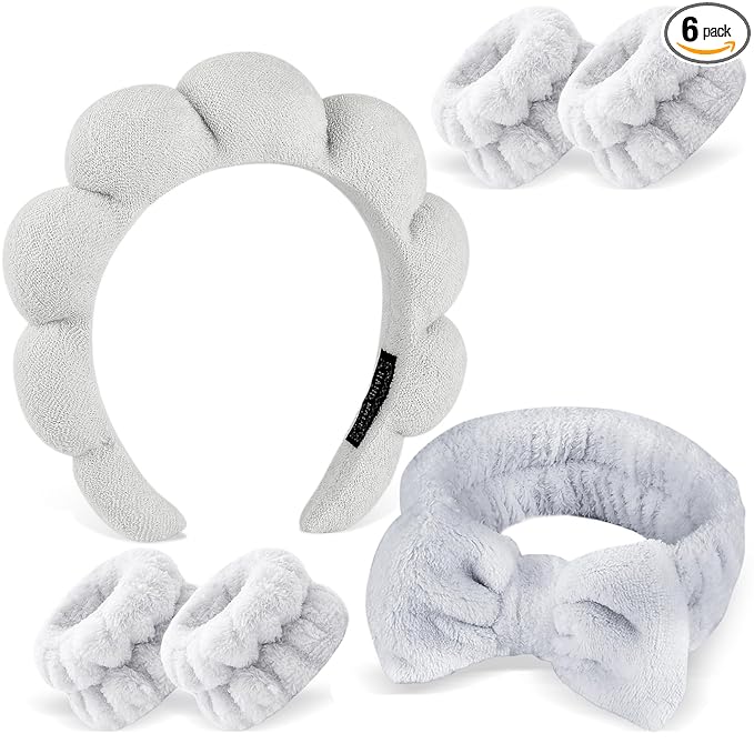 Zkptops 6Pcs Spa Headband for Washing Face Wristbands Set Women Bubble Makeup Sponge Terry Cloth Padded Puffy Skincare Headband Bow Tie Hairband Cute Non Slip Thick Hair Accessory Gifts (Grey)