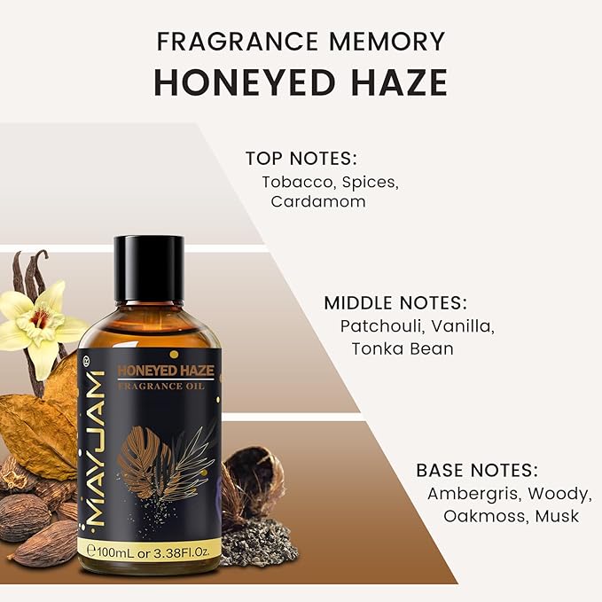 Honeyed Haze Fragrance Oil Essential Oil, MAYJAM 3.38FL.OZ Honeyed Haze Oil for Diffusers for Home, Long Lasting Scented Oils for Soap Candle Making - 100ML
