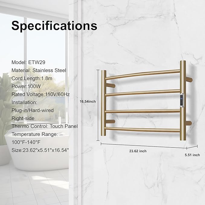 Towel Warmer Bathroom Wall Mounted Drying Rack Plug-in Electric Heated Towel Rack Stainless Steel Gold with Timer & Temperature Control 4 Bar