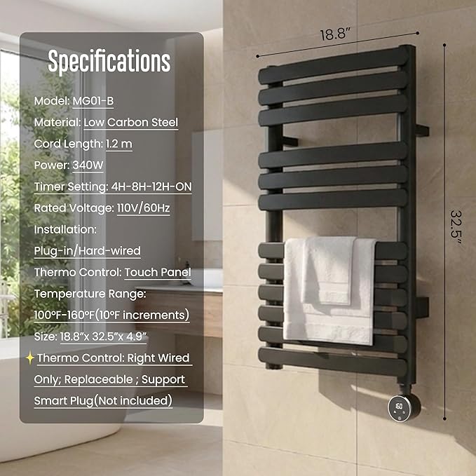 Towel Warmer, Large Size Heated Towel Rack with Built-in Timer and Temperature Control, Detachable Controller, Hardwired/Plug-in, Black