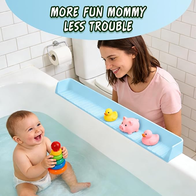 Bathtub Splash Guard for tub Kids& Bath Shelf for Kids – Toddler Bath Tray, Bath Toys Storage & Ledge Organizer – Splash Guard for Bathtub with Suction Cups – Kids Bathroom Accessories(2.6FT, Blue)