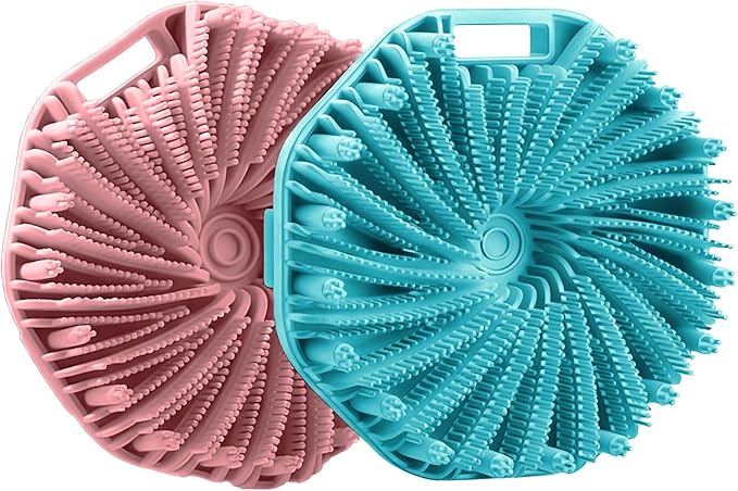 RamPula Silicone Body Scrubber, Silicone Loofah, Quick-Dry Exfoliating Body Brush for Wet or Dry Brushing, More Hygienic Than Traditional Loofah, Medium-Bristle Brush, Cyan and Bean Paste Pink