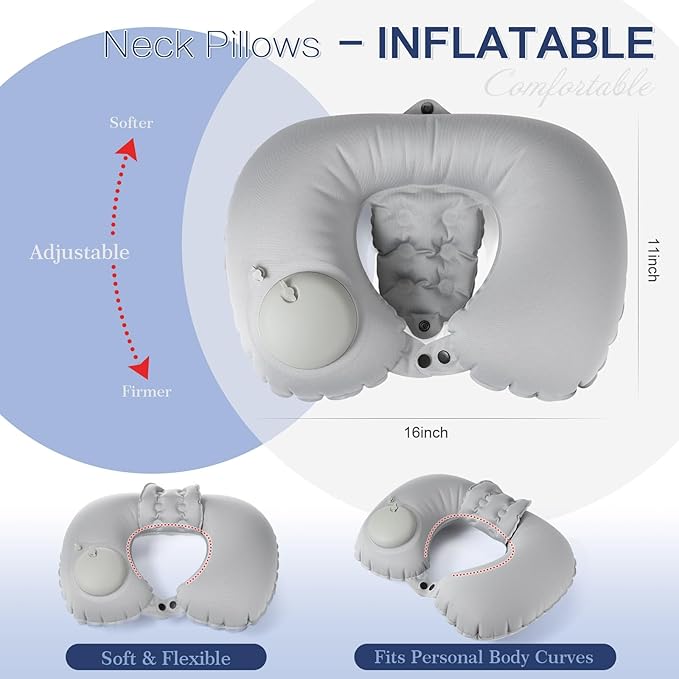 Colingmill 2 Pcs Inflatable Bath Pillows for Tub Bath Head and Neck U Shaped Blow up Full Body Travel Pillow with Adjustable Button Grey and Black Bath Tub Pillows for Airplanes Shower Spa