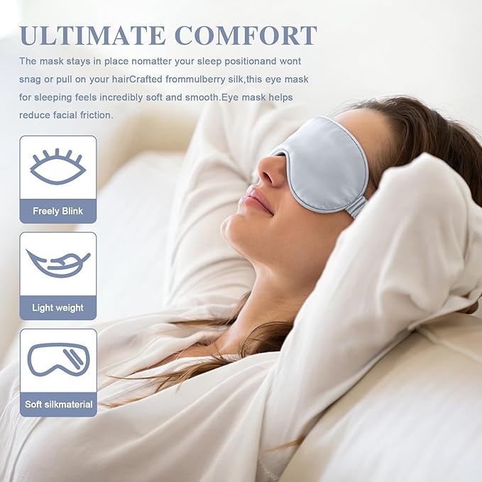 Silk Sleep Mask,Eye Mask for Sleep Women Men,Mulberry Sleeping Mask with Adjustable Strap,Blindfold Blackout Eye Mask for Travel and Full Night's Sleep,Nap