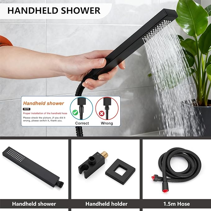 Midanya Shower System with Tub Spout,Bathtub Shower Faucet Set with Square Rainfall Head and Handheld Sprayer Wall Mount Tub Faucet Set with Valve and Trim Kit,12 Inch Matte Black
