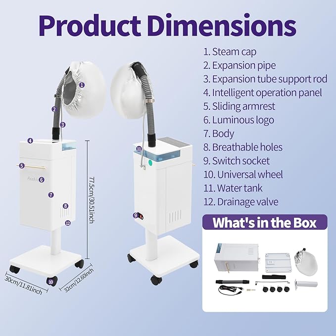 600W Vertical Nano Hair Steamer Dyeing Machine, Hair Oil Machine Freestanding Ozone Micro Mist Hair Steamer with Steam Cap and Hose Attachment for Salon Spa Equipment (White)