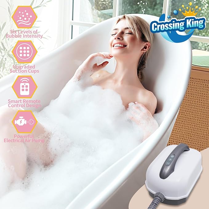 Crossing King Bubble Bath Mat Tub Spa Massager, Portable Spa Bubble Bath Massager with Upgraded Powerful Suction Cup, Electric Air Pump, Pillow and Remote Control for Relaxation 45 * 17in (Pink)