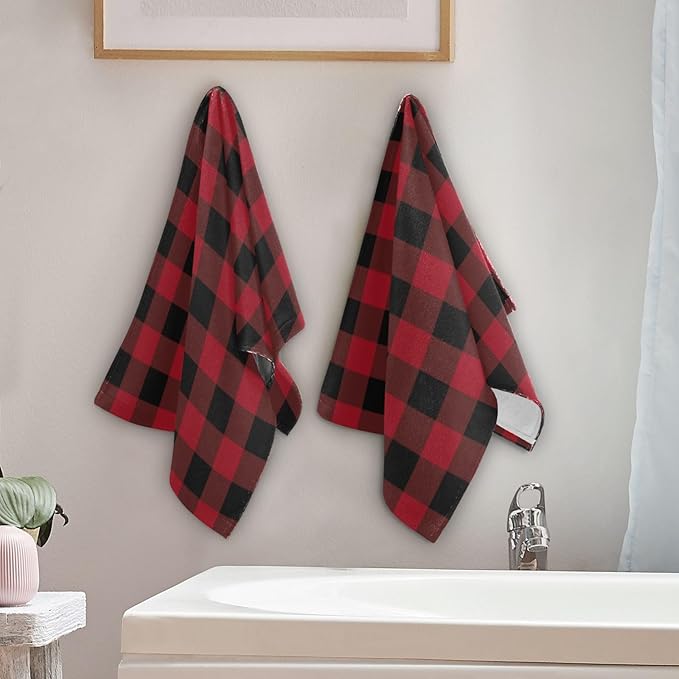 Black and Red Buffalo Plaid Hand Towels for Bathroom Set of 2,Classic Farmhouse Checkered Christmas Decorative Bathroom Towels for Bath,Face,Hair,Soft Absorbent Dish Towels for Kitchen 28"x14"