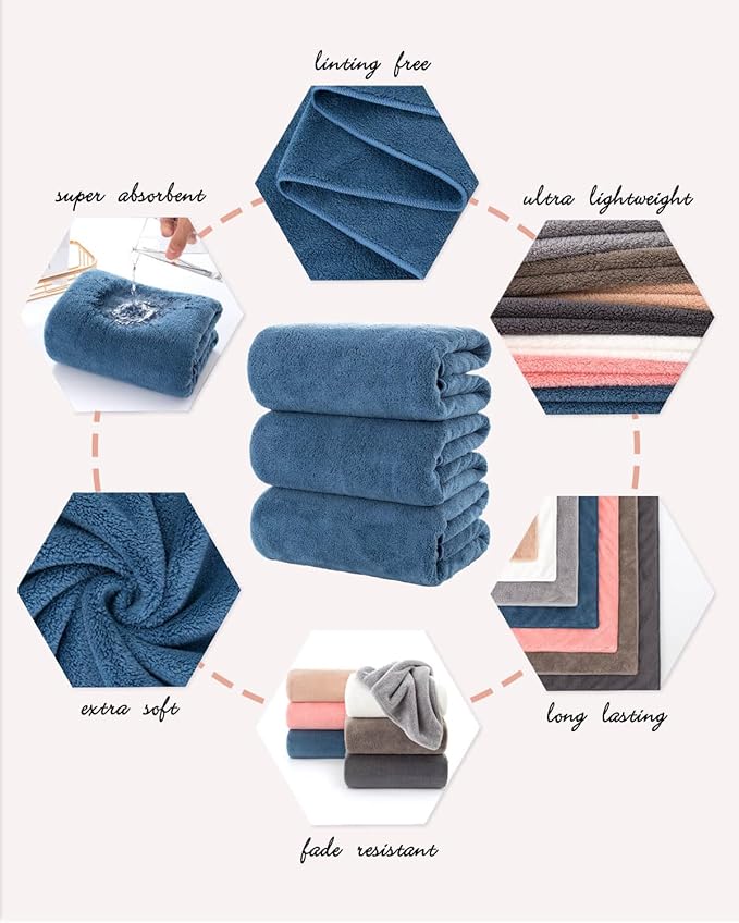 Lumimi Towels 3 Piece Very Soft Microfiber Bath Sheet Towel Set Super Absorbent Light Quick Dry and Durable, 55" L x 27" W, 3 Pack Blue