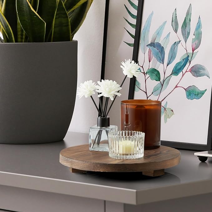 Small Round Decorative Tray Burnt Wood Bathroom Counter Organizer Pedestal Stand Farmhouse Kitchen Decor Wooden Riser for Soap Dish, Perfume, Candle, Sponge, 9" - Brown