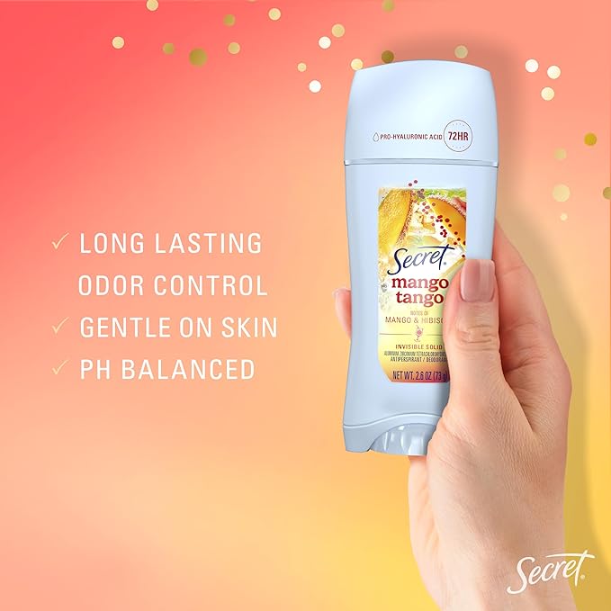 Secret Fresh Antiperspirant Deodorant for Women, 72hr Freshness on the Rocks with Pro-Hyaluronic Acid, Miami Mocktails Edition, Invisible Solid, Mango Tango with Mango & Hibiscus Scent, 2.6 oz