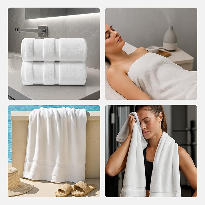 REDKISS 100% Cotton Bath Towels Set of 2, Extra Large Bath Sheets 35 X 70 Inches, 800G, Quick Dry, Ultra Soft & Super Absorbent Bathroom Towel Sets for Bathroom, Gym, Spa, Pool & Hotel, White