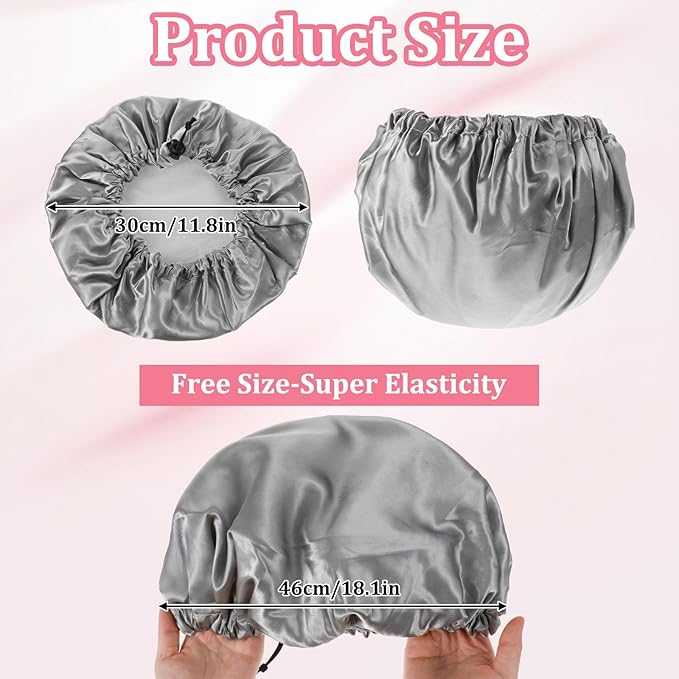 1 Pc Reusable Shower Cap for Women, Grey Double Layer PEVA Lined Waterproof Bath Caps with Adjustable Drawstring, Hair Cap for Short Hair (Spa & Home Use)