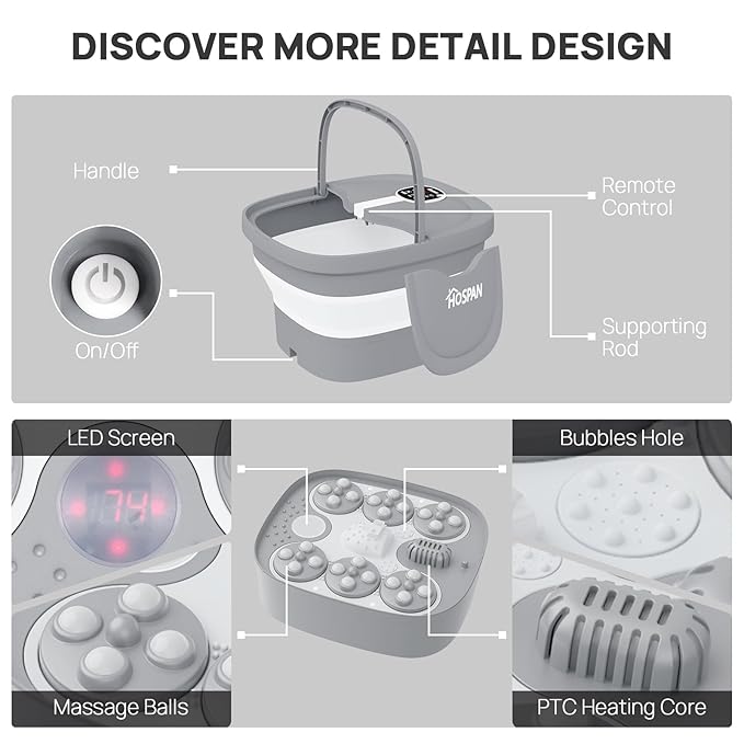 HOSPAN Collapsible Foot Spa Electric Rotary Massage, Foot Bath with Heat, Bubble, Remote, and 24 Motorized Shiatsu Massage Balls. Pedicure Foot Spa for Feet Stress Relief