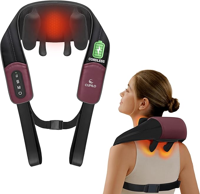 CuPiLo Shiatsu Neck Massager with Heat - Ideal Gift for Her,Him Cordless 4D Expert Neck Shoulder Massage for Pain Relief,Upgarded Kneading Massager for Muscle Relaxation