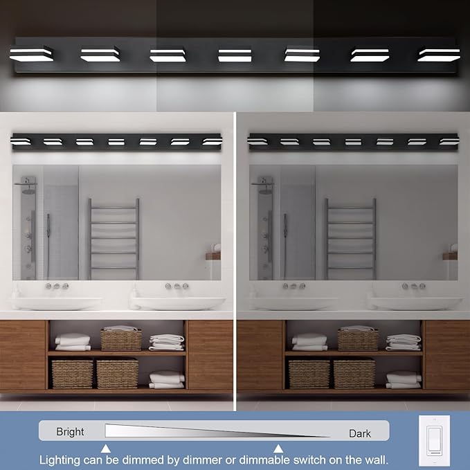 SineRise LED Modern Bathroom Vanity Light Fixtures (7-Light, 55-Inch, Dimmable), Matte Black Modern Acrylic Bathroom Wall Lighting Fixtures Over Mirror (Cool White 6000K)