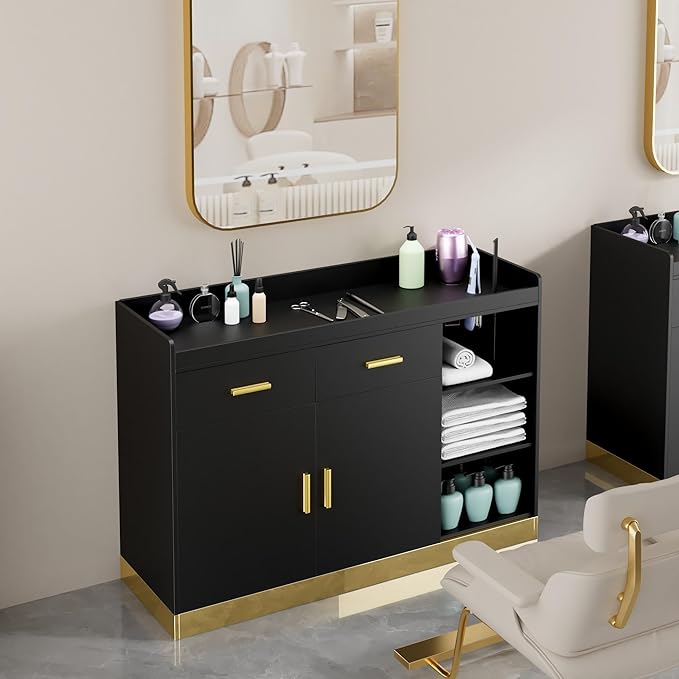 Salon Storage Cabinet Barber Station, Free Standing Hair Styling Station with Drawers, Hair Dryer Holders and Adjustable Shelves, Beauty Salon Spa Equipment