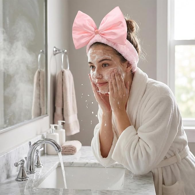 JIAHANG Large Bow Facial Spa Headband, Morning Wash Skincare Satin Bow Hairband for Women Girls
