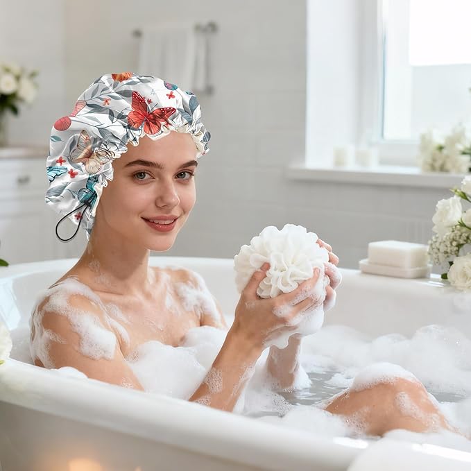 Shower Cap Reusable Double Layer Adjustable Elastic Waterproof EVA Hair Bath Caps for Women Girls Cute Aesthetic-Butterfly
