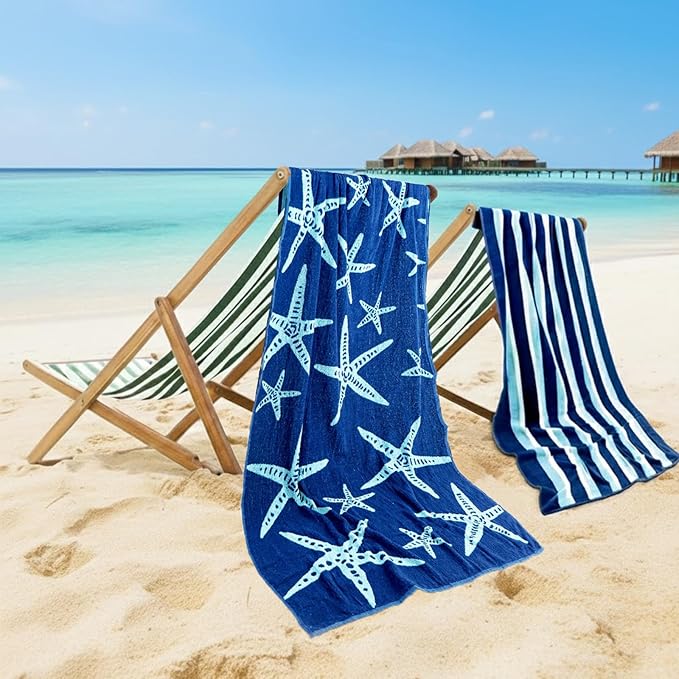 CASA COPENHAGEN Miami Towel 2Pcs Starfish Blue - Blue Stripe Designer Stripe Beach Towels Gift Set, 35"x70" Oversized 100% Cotton Pool Bath Towel for Beach Gift Set (Summer Gift Set for Women & Men)