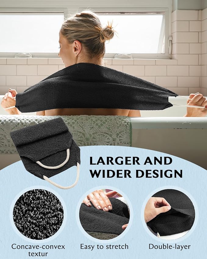 Evridwear Exfoliating Back Scrubber for Shower - Double-Sided Body Scrubber with Handles, Deep Clean, Massage & Exfoliate Back Washer for Men & Women, Invigorates Skin & Circulation (Black)