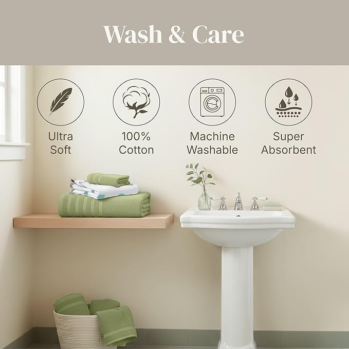 Modern Threads Natural Vine 6-Piece 100% Cotton Towel Set – Yarn Dyed Jacquard – Includes 2 Bath Towels, 2 Hand Towels, 2 Washcloths – Absorbent, Quick Dry, Soft & Durable – Sage Green